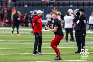 Nebraska Cornhusker quarterback Jalyn Gramstad (12) warms up before taking on the Utah Utes during the Las Vegas Bowl game on Wednesday, Dec. 31, 2025, in Las Vegas, NV. Photo by John S. Peterson.
