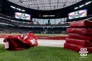 Nebraska Cornhuskers equipment set out for warm-up during the Las Vegas Bowl game against the Utah Utes on Wednesday, Dec. 31, 2025, in Las Vegas, NV. Photo by John S. Peterson.