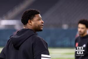 Nebraska Cornhuskers wide receivers coach Daikiel Shorts Jr. is working with his players before taking on the Utah Utes during the Las Vegas Bowl game on Wednesday, Dec. 31, 2025, in Las Vegas, NV. Photo by John S. Peterson.