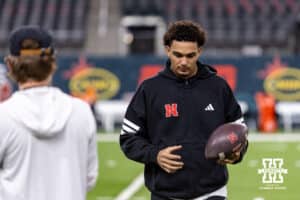 Nebraska Cornhusker wide receiver Dane Key (6) warms up, making some catches, getting ready for the Utah Utes during the Las Vegas Bowl game on Wednesday, Dec. 31, 2025, in Las Vegas, NV. Photo by John S. Peterson.