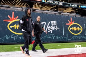 Nebraska Cornhusker quarterback TJ Lateef (14) arrives at the stadium to take on the Utah Utes during the Las Vegas Bowl game on Wednesday, Dec. 31, 2025, in Las Vegas, NV. Photo by John S. Peterson.