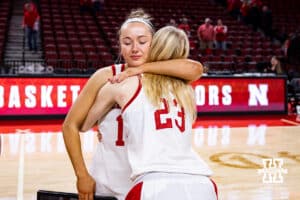 Nebraska Cornhusker guard Callin Hake (14) gives Britt Prince a hug on senior night during a women’s basketball game on Saturday, Feb. 28, 2026, in Lincoln, Nebraska. Photo by John S. Peterson.