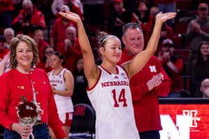 Nebraska Cornhusker guard Callin Hake (14) waves to the fans on senior night after the win over the Rutgers Scarlet Knights during a women’s basketball game on Saturday, Feb. 28, 2026, in Lincoln, Nebraska. Photo by John S. Peterson.