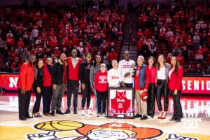 Nebraska Cornhusker forward Eliza Maupin (21) poses with family and couches on senior night after the win over the Rutgers Scarlet Knights during a women’s basketball game on Saturday, Feb. 28, 2026, in Lincoln, Nebraska. Photo by John S. Peterson.