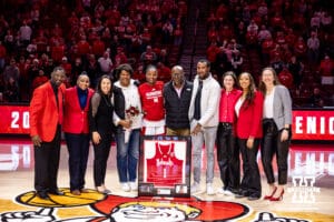 Nebraska Cornhusker guard Hailey Weaver (1) poses with family and coaches on senior night after the win over the Rutgers Scarlet Knights during a women’s basketball game on Saturday, Feb. 28, 2026, in Lincoln, Nebraska. Photo by John S. Peterson.