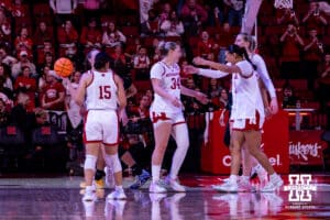 Nebraska Cornhuskers celebrates the win over the Rutgers Scarlet Knights during a women’s basketball game on Saturday, Feb. 28, 2026, in Lincoln, Nebraska. Photo by John S. Peterson.