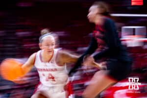 Nebraska Cornhusker guard Callin Hake (14) drivves the lane against the Rutgers Scarlet Knights in fourth quarter during a women’s basketball game on Saturday, Feb. 28, 2026, in Lincoln, Nebraska. Photo by John S. Peterson.