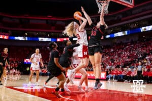 Nebraska Cornhusker guard Britt Prince (23) makes a lay up against the Rutgers Scarlet Knights in the fourth quarter during a women’s basketball game on Saturday, Feb. 28, 2026, in Lincoln, Nebraska. Photo by John S. Peterson.