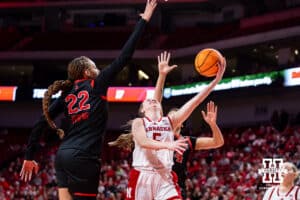 Nebraska Cornhusker guard Claire Johnson (5) makes a basket against the Rutgers Scarlet Knights during a women’s basketball game on Saturday, Feb. 28, 2026, in Lincoln, Nebraska. Photo by John S. Peterson.