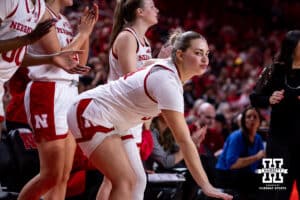 Nebraska Cornhusker forward Emily Fisher (34) celebrates a basket against the Rutgers Scarlet Knights during a women’s basketball game on Saturday, Feb. 28, 2026, in Lincoln, Nebraska. Photo by John S. Peterson.