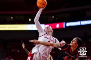 Nebraska Cornhusker forward Petra Bozan (4) puts up the ball for a basket against Rutgers Scarlet Knight forward Janae Walker (44) in the third quarter during a women’s basketball game on Saturday, Feb. 28, 2026, in Lincoln, Nebraska. Photo by John S. Peterson.