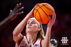 Nebraska Cornhusker guard Britt Prince (23) drives to the basket for a lay up against the Rutgers Scarlet Knights in the third quarter during a women’s basketball game on Saturday, Feb. 28, 2026, in Lincoln, Nebraska. Photo by John S. Peterson.