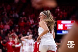 Nebraska Cornhusker guard Logan Nissley (2) runs down the court after making a three point shot against the Rutgers Scarlet Knights during a women’s basketball game on Saturday, Feb. 28, 2026, in Lincoln, Nebraska.