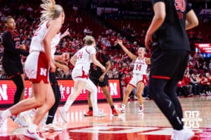 Nebraska Cornhusker guard Callin Hake (14) celebrates making a three point basket against the Rutgers Scarlet Knights in the second quarter during a women’s basketball game on Saturday, Feb. 28, 2026, in Lincoln, Nebraska.