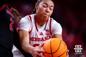 Nebraska Cornhusker forward Amiah Hargrove (33) reaches for a rebound against the Rutgers Scarlet Knights in the second quarter during a women’s basketball game on Saturday, Feb. 28, 2026, in Lincoln, Nebraska. Photo by John S. Peterson.