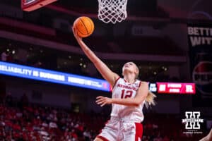 Nebraska Cornhusker forward Jessica Petrie (12) makes a lay up against the Rutgers Scarlet Knights during a women’s basketball game on Saturday, Feb. 28, 2026, in Lincoln, Nebraska. Photo by John S. Peterson.