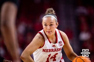 Nebraska Cornhusker guard Callin Hake (14) drives to the basket against the Rutgers Scarlet Knights in the second quarter during a women’s basketball game on Saturday, Feb. 28, 2026, in Lincoln, Nebraska. Photo by John S. Peterson.