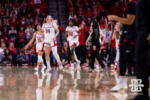 Nebraska Cornhuskers bench comes out on the court at the end of the first quarter against the Rutgers Scarlet Knights during a women’s basketball game on Saturday, Feb. 28, 2026, in Lincoln, Nebraska. Photo by John S. Peterson.