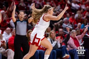 Nebraska Cornhusker guard Logan Nissley (2) celebrates making a three point basket against the Rutgers Scarlet Knights in the first quarter during a women’s basketball game on Saturday, Feb. 28, 2026, in Lincoln, Nebraska. Photo by John S. Peterson.