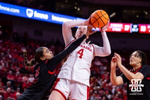 Nebraska Cornhusker forward Petra Bozan (4) tries for a lay up against Rutgers Scarlet Knight forward Antonia Bates (4) in the first quarter during a women’s basketball game on Saturday, Feb. 28, 2026, in Lincoln, Nebraska. Photo by John S. Peterson.