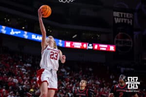 Nebraska Cornhusker guard Britt Prince (23) makes a lay up after stealing the ball against the Rutgers Scarlet Knights in the first quarter during a women’s basketball game on Saturday, Feb. 28, 2026, in Lincoln, Nebraska. Photo by John S. Peterson.