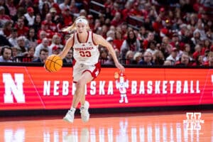 Nebraska Cornhusker guard Britt Prince (23) on a fast break after making a steal against the Rutgers Scarlet Knights in the first quarter during a women’s basketball game on Saturday, Feb. 28, 2026, in Lincoln, Nebraska. Photo by John S. Peterson.