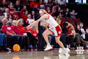 Nebraska Cornhusker guard Britt Prince (23) steals the ball away from Rutgers Scarlet Knight guard Lauryn Swann (1) in the first quarter during a women’s basketball game on Saturday, Feb. 28, 2026, in Lincoln, Nebraska. Photo by John S. Peterson.