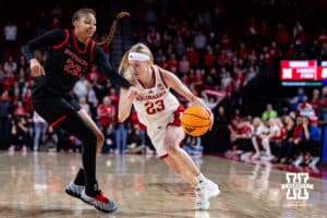 Nebraska Cornhusker guard Britt Prince (23) drives to the basket against Rutgers Scarlet Knight forward Zachara Perkins (22) in the first quarter during a women’s basketball game on Saturday, Feb. 28, 2026, in Lincoln, Nebraska. Photo by John S. Peterson. Photo by John S. Peterson.