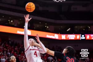 Nebraska Cornhusker forward Petra Bozan (4) make a lay up against Rutgers Scarlet Knight center Imani Lester (30) in the first quarter during a women’s basketball game on Saturday, Feb. 28, 2026, in Lincoln, Nebraska. Photo by John S. Peterson.