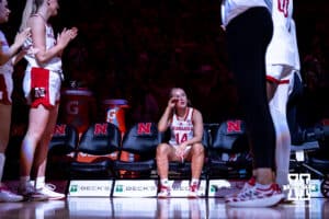 Nebraska Cornhusker guard Callin Hake (14) waiting for her introduction before taking on the Rutgers Scarlet Knights during a women’s basketball game on Saturday, Feb. 28, 2026, in Lincoln, Nebraska. Photo by John S. Peterson.