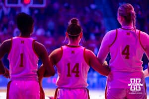 Nebraska Cornhusker guard Callin Hake (14) lined up for the National Anthem beofre taking on the Rutgers Scarlet Knightsduring a women’s basketball game on Saturday, Feb. 28, 2026, in Lincoln, Nebraska. Photo by John S. Peterson.