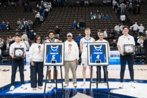 Creighton Bluejay seniors after a college basketball game against Providence on Feb 28, 2026, in Omaha, Nebraska. Photo by Brandon Tiedemann