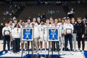 Creighton Bluejay seniors and teammates after college basketball game against Providence on Feb 28, 2026, in Omaha, Nebraska. Photo by Brandon Tiedemann