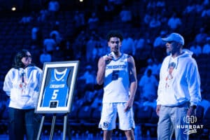 Creighton Bluejay Nik Graves (5) thanks the fans after a college basketball game against Providence on Feb 28, 2026, in Omaha, Nebraska. Photo by Brandon Tiedemann