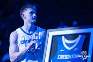 Creighton Bluejay Josh Dix (4) looks up at the video board after a college basketball game against Providence on Feb 28, 2026, in Omaha, Nebraska. Photo by Brandon Tiedemann