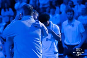 Creighton Bluejay head coach Greg McDermott hugs Josh Dix (4) after a college basketball game against Providence on Feb 28, 2026, in Omaha, Nebraska. Photo by Brandon Tiedemann