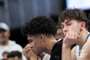 Creighton Bluejay Hudson Greer (10) sits on the bench after a college basketball game against Providence on Feb 28, 2026, in Omaha, Nebraska. Photo by Brandon Tiedemann