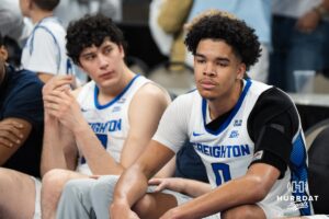 Creighton Bluejay Jasen Green (0) sits on the bench after a college basketball game against Providence on Feb 28, 2026, in Omaha, Nebraska. Photo by Brandon Tiedemann