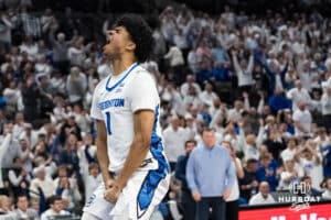 Creighton Bluejay Austin Swartz (1) celebrates a dunk during a college basketball game against Providence on Feb 28, 2026, in Omaha, Nebraska. Photo by Brandon Tiedemann