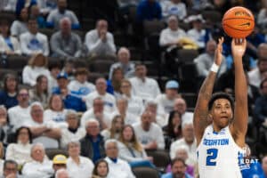 Creighton Bluejay Blake Harper (2) shoots a corner three during a college basketball game against Providence on Feb 28, 2026, in Omaha, Nebraska. Photo by Brandon Tiedemann