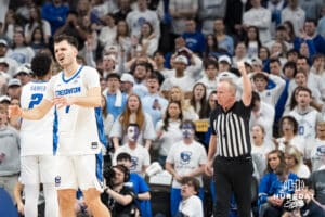 Creighton Bluejay Fedor Žugić (7) reacts to a foul during a college basketball game against Providence on Feb 28, 2026, in Omaha, Nebraska. Photo by Brandon Tiedemann
