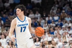Creighton Bluejay Kerem Konan (17) dribbles up the court during a college basketball game against Providence on Feb 28, 2026, in Omaha, Nebraska. Photo by Brandon Tiedemann