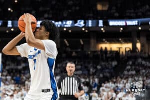 Creighton Bluejay Austin Swartz (1) shoots a three pointer during a college basketball game against Providence on Feb 28, 2026, in Omaha, Nebraska. Photo by Brandon Tiedemann