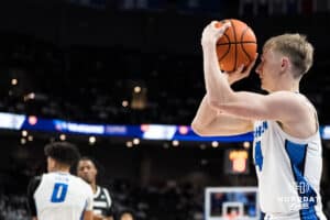 Creighton Bluejay Josh Dix (4) shoots a three pointer during a college basketball game against Providence on Feb 28, 2026, in Omaha, Nebraska. Photo by Brandon Tiedemann