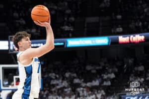 Creighton Bluejay Hudson Greer (10) shoots a three pointer during a college basketball game against Providence on Feb 28, 2026, in Omaha, Nebraska. Photo by Brandon Tiedemann