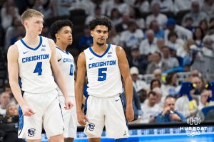 Creighton Bluejays Josh Dix (4) and Nik Graves (5) wait for the game to resume during a college basketball game against Providence on Feb 28, 2026, in Omaha, Nebraska. Photo by Brandon Tiedemann