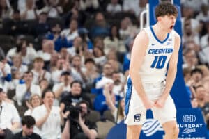 Creighton Bluejay Hudson Greer (10) celebrates a made three pointer during a college basketball game against Providence on Feb 28, 2026, in Omaha, Nebraska. Photo by Brandon Tiedemann