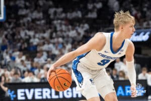 Creighton Bluejay Ty Davis (9) looks to pass during a college basketball game against Providence on Feb 28, 2026, in Omaha, Nebraska. Photo by Brandon Tiedemann