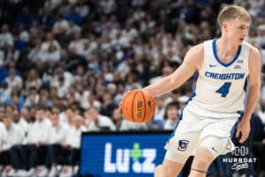 Creighton Bluejay Josh Dix (4) dribbles during a college basketball game against Providence on Feb 28, 2026, in Omaha, Nebraska. Photo by Brandon Tiedemann
