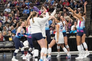 Omaha Supernova bench dances during a major league volleyball match against the Atlanta Vibe on Feb 26, 2026, in Omaha, Nebraska. Photo by Brandon Tiedemann